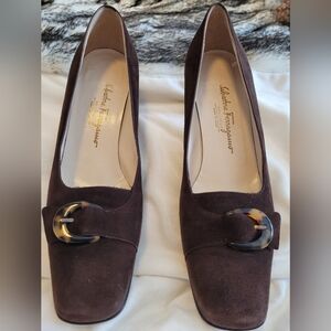 Vintage Salvatore Ferragamo Brown Suede Heels with Buckle Detail